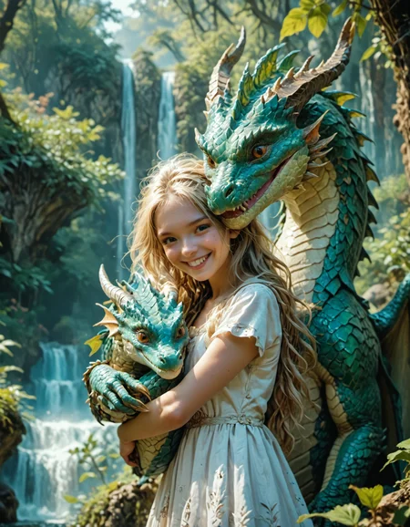 ultra details, masterpiece, best quality, source_anime, source_fantasy, cute western dragon, feral, small,  cute, scales, 1girl, freckles, long hair, blond hair, white dress, smiling, hugging dragon, nature background, tree, waterfall, depth of field <lora:Fant5yP0ny:0.5> <lora:Niji-Mj_Almost_Realism:0.7>, <lora:EldritchCandids1.1.2:0.4> <lora:real_dream_pony_realistic_lora_3:0.4> <lora:MJ52:0.3> <lora:FF.101.juggernautXL_version6Rundiffusion.LORA:0.4> <lora:JuggerCineXL2:0.3>, score_9, score_8_up, score_7_up,