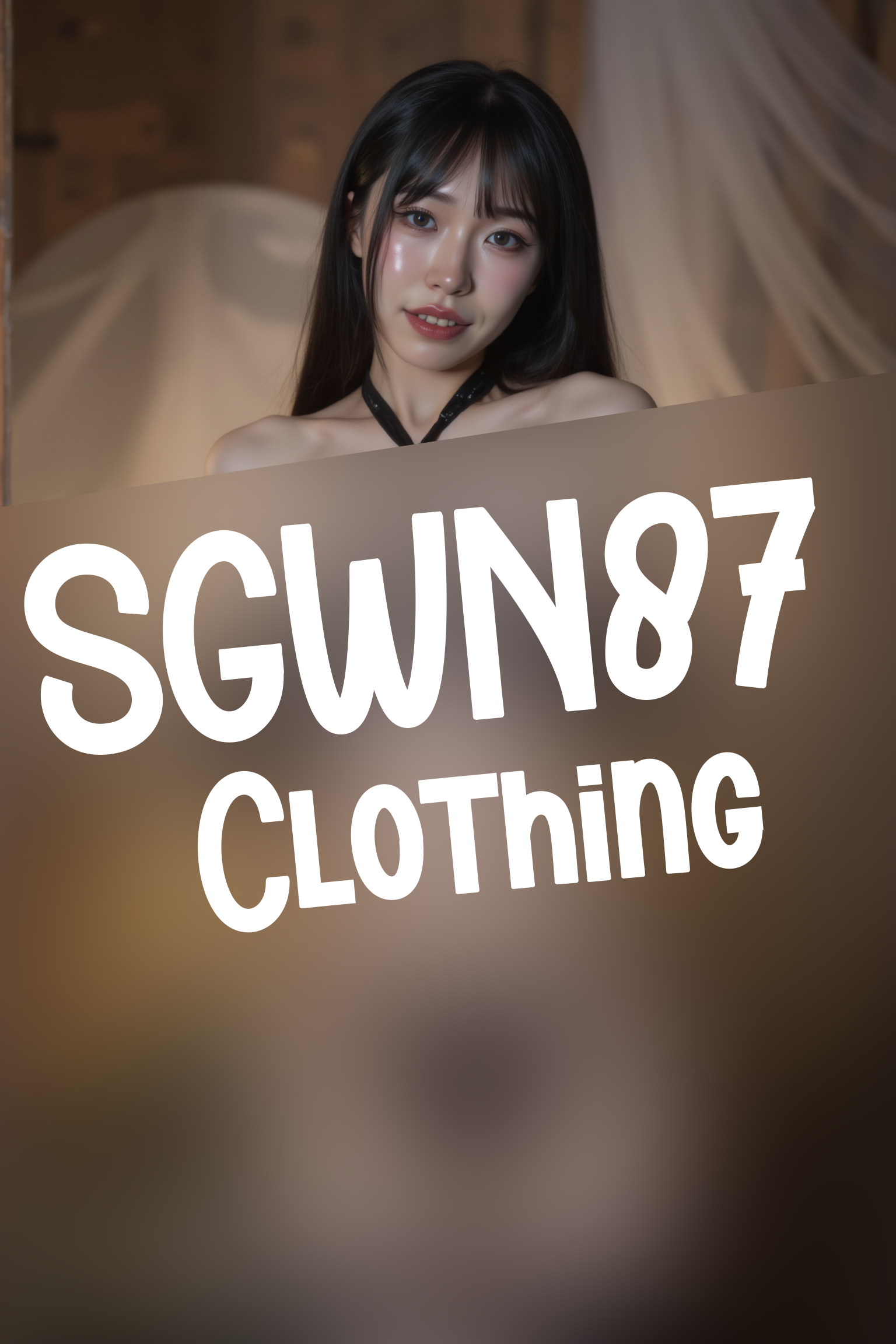 A professional, high-resolution image of a young woman is posed standing in a natural S-curve in the body silhouette. This classic posing technique creates visual interest and a sense of elegance.

She is wearing a black SGWN87Clothing. Her makeup is dramatic, with dark eyeliner and bold, glossy pink lips. 

The lighting features a high-contrast, monochromatic white color scheme that creates a moody, intimate atmosphere. 

The photography technique uses what appears to be soft lighting to create a glamorous effect, with careful attention to highlighting contours while maintaining the dominant light brown color scheme throughout the frame.

The overall aesthetic combines elements of fashion photography, traditional Asian visual motifs, and contemporary boudoir styling. The dramatic light brown lighting creates a cohesive visual theme that ties all elements of the composition together.

The white light emit on her to show her feature.