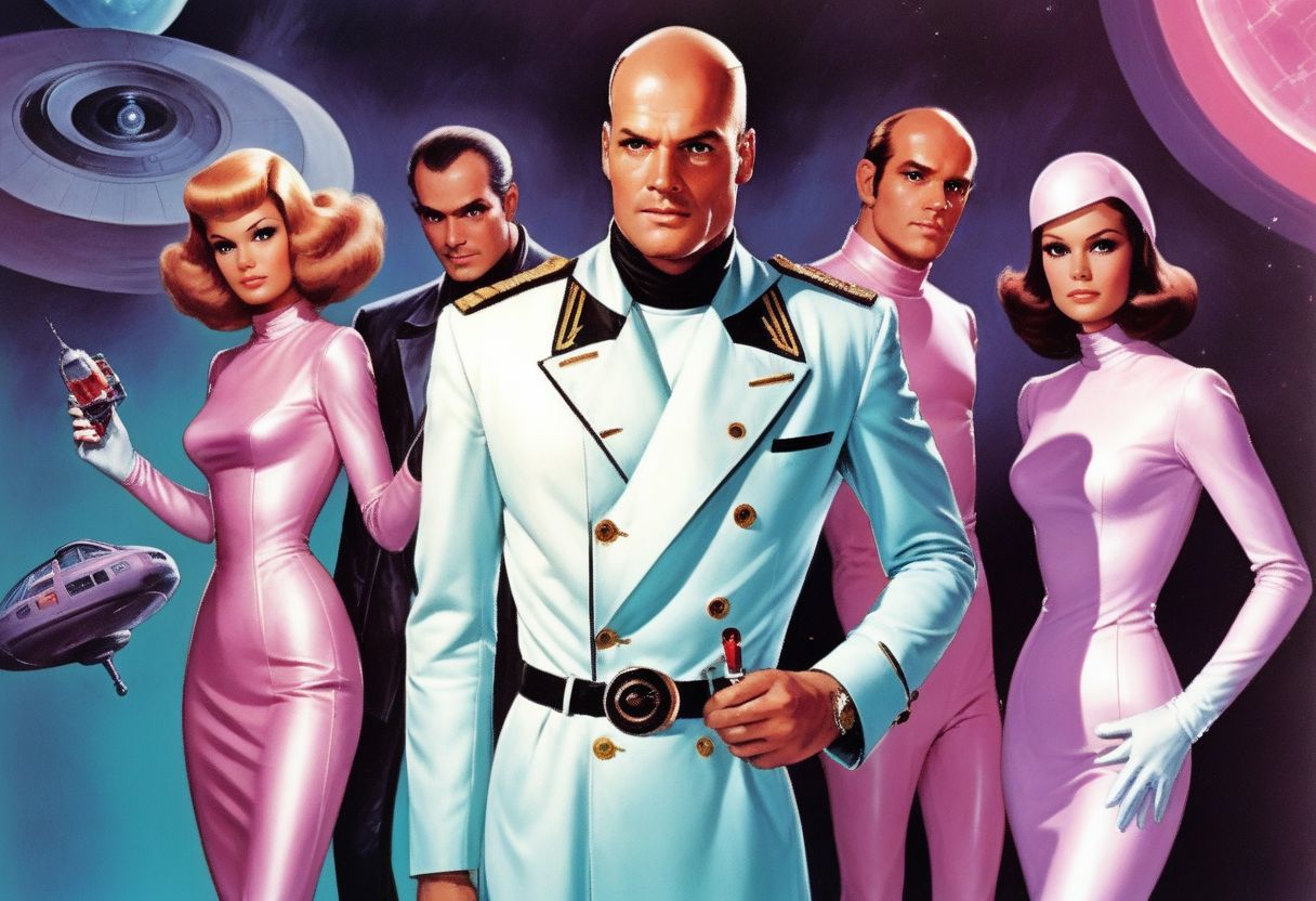 A cinematic still action photograph, from a 1970s b-movie franchise, Captain Dreamland and his cyber adventures , an extremely handsome shaved clean bald headed man, who encounters the cybernauts a trio of buxom bombshell female triplets, in style of 1970s science fiction cyberpunk, bodies made of injection molded plastic,