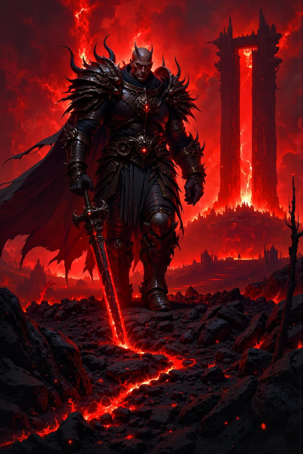 Under the blood-red sky of a forgotten battlefield, a towering warrior clad in blackened steel strides across the charred earth, his massive sword trailing behind him, leaving a trail of molten fire in its wake. His armor glows faintly with a crimson light, pulsating with the dark energy of the cursed blade he wields. Around him, the scorched remnants of fallen enemies litter the ground, their bones cracking beneath his heavy boots as he walks toward an ancient, crumbling gate in the distance. The air is thick with smoke and ash, the distant roar of dragons echoing across the barren landscape. The scene captures the epic scale of dark fantasy warfare, drawing from the brutal beauty of Berserk and the mythic intensity of The Lord of the Rings' battles.<lora:MysticFantasy>