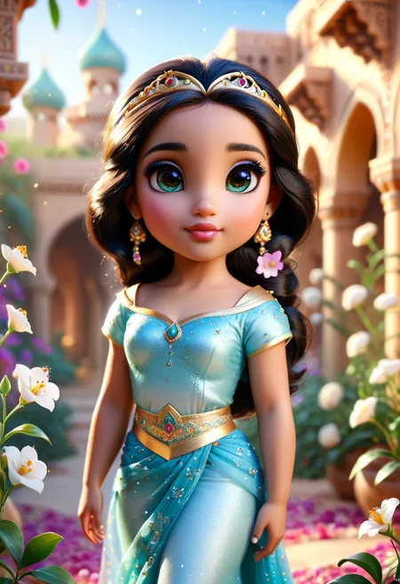 pam-swtvrld disney princess jasmin, bagdad background with flowers, warm light,full depth of field and realistic textures,highly detailed,masterpiece,high quality