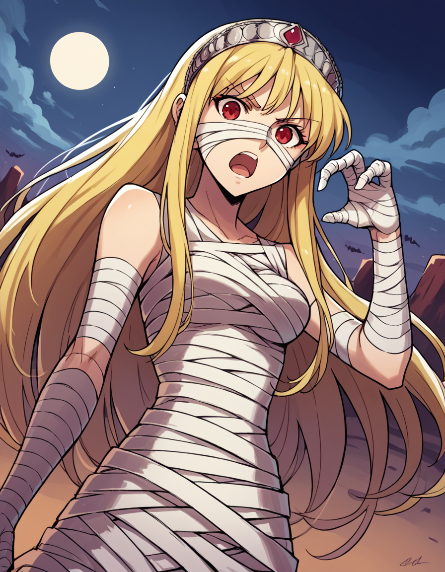 score_9, score_8_up, score_7_up, source_anime, <lora:kaibutsuoujo-liliane-s1-ponyxl-lora-nochekaiser:1>, liliane, long hair, blonde hair, red eyes, very long hair, tiara, medium breasts,, <lora:mummy-costume-ponyxl-lora-nochekaiser:1>, mummy costume, bandages, halloween costume, bandaged arm, zombie pose, bandage on face,, desert, moon, night, open mouth, , dutch angle, cowboy shot