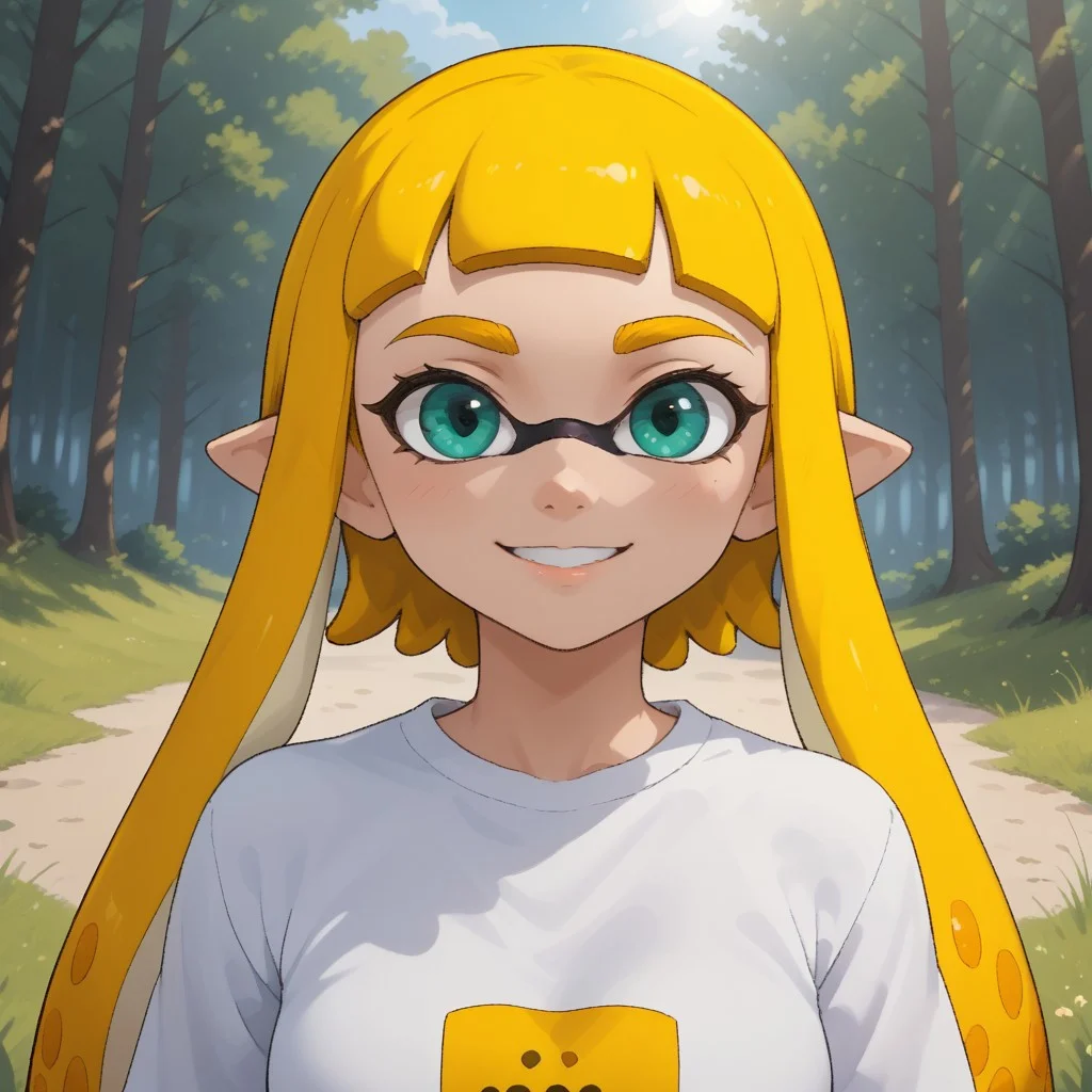 score_9, score_8, BREAK, solo, ssplatoon, inkling, female inkling, 1girl, tentacle hair, yellow hair, dark green eyes, cute, yellow eyebrows, white shirt, blue jeans, blue shoes, breasts, Bianca_(\OC_Inkling\), sexy pose, self portrait, smile, outdoors, sunlight, shadows, evening lighting, natural lighting, forest, trees, grass, orange sky, sunset