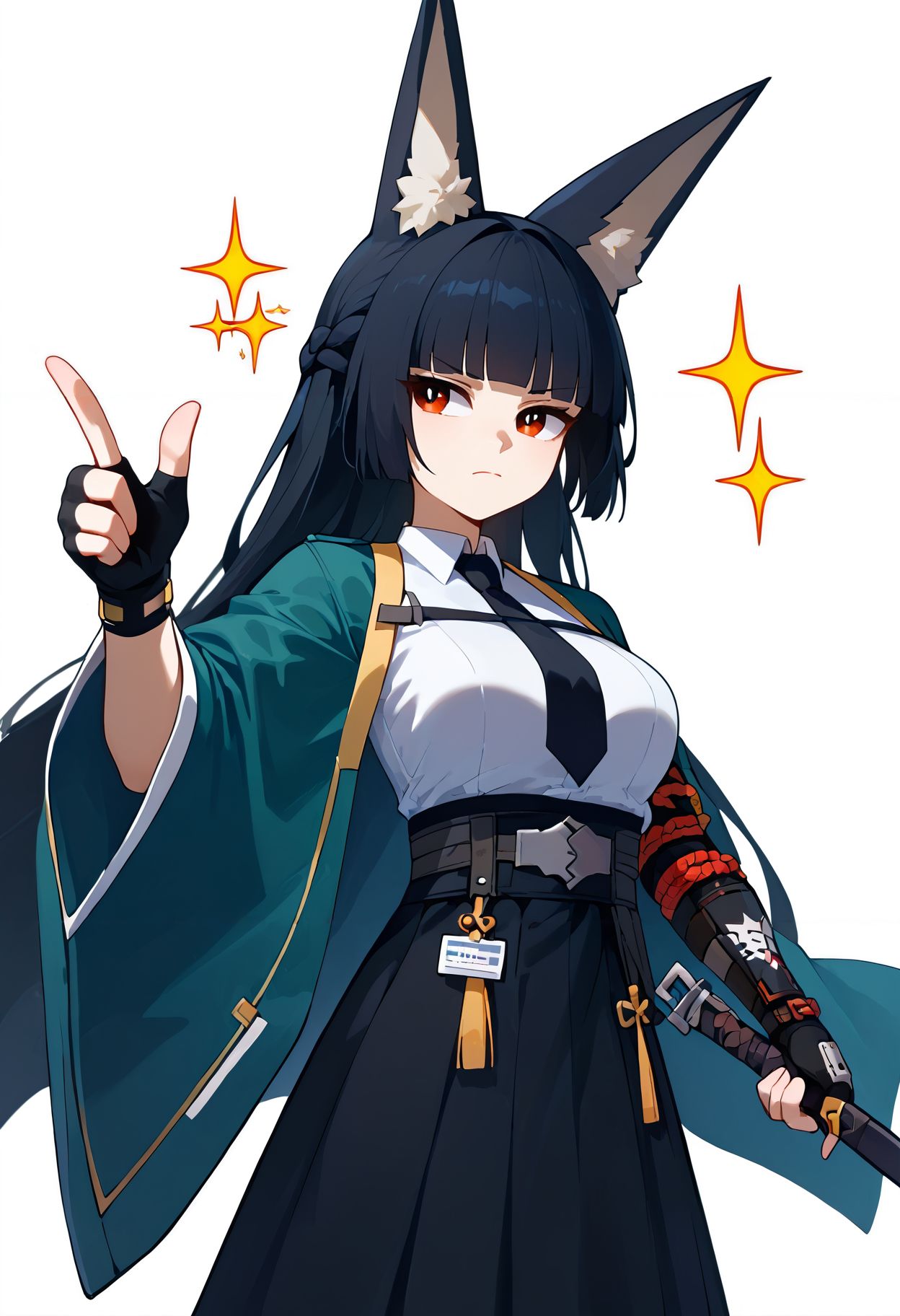 score_9,score_8_up,score_7_up, <lora:hoshimi_miyabi_zzz_pdxl_goofy:1>miyabizzz, 1girl, black necktie, thumbs up, fingerless gloves, white background, white shirt, id card, simple background, black gloves, black skirt, braid, collared shirt, sheath, weapon, sword, closed mouth, green cape, medium breasts, sparkle, sheathed, blunt bangs, wide sleeves, looking to the side, single gauntlet, red eyes