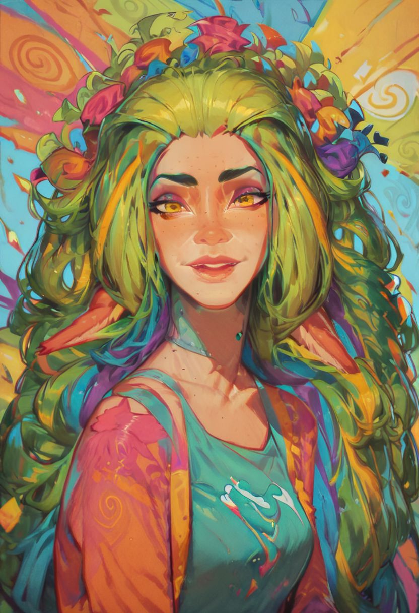 score_9, score_8_up, score_8, 1girl, smooth, highly detailed, green hair, perfect, high quality, yellow eyes, rainbow style, vibrant colors, vivid colors,