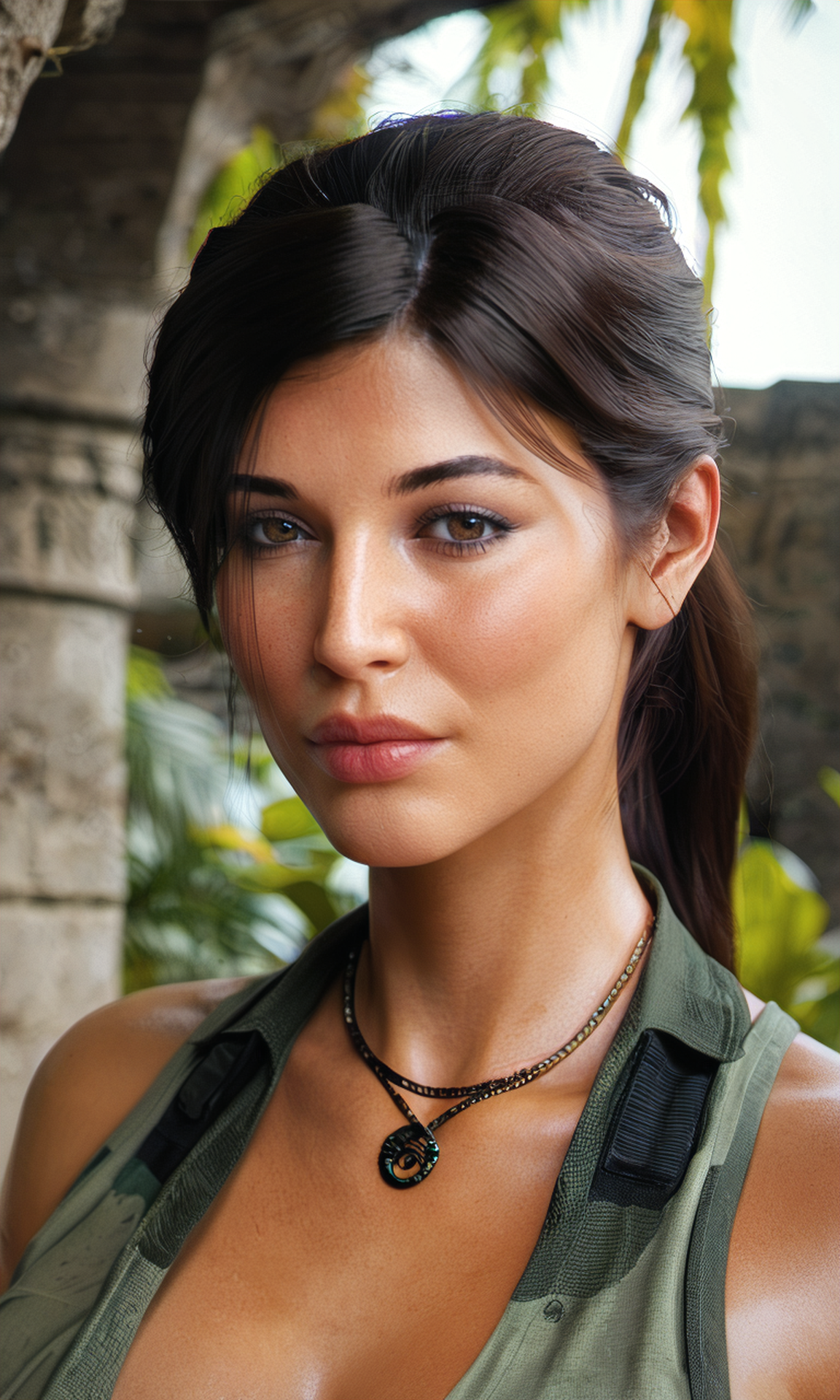 score_9, score_8_up, score_7_up, BREAK, zy_laracroft, 1girl, realistic, brown eyes, necklace, brown hair, ponytail, portrait, realistic, photo, real hair, detailed skin, ruins, jungle, highly detailed, detailed skin, depth of field, film grain,  <lora:zy_LaraCroft_PonyRealism_v1:0.7>