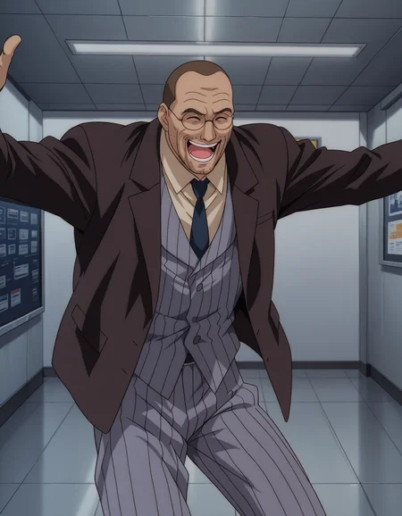 1boy, solo, <lora:aika-illustrious-v3:0.9> g0z0m4n, glasses, old man, suit, laughing, outstretched arms, indoors