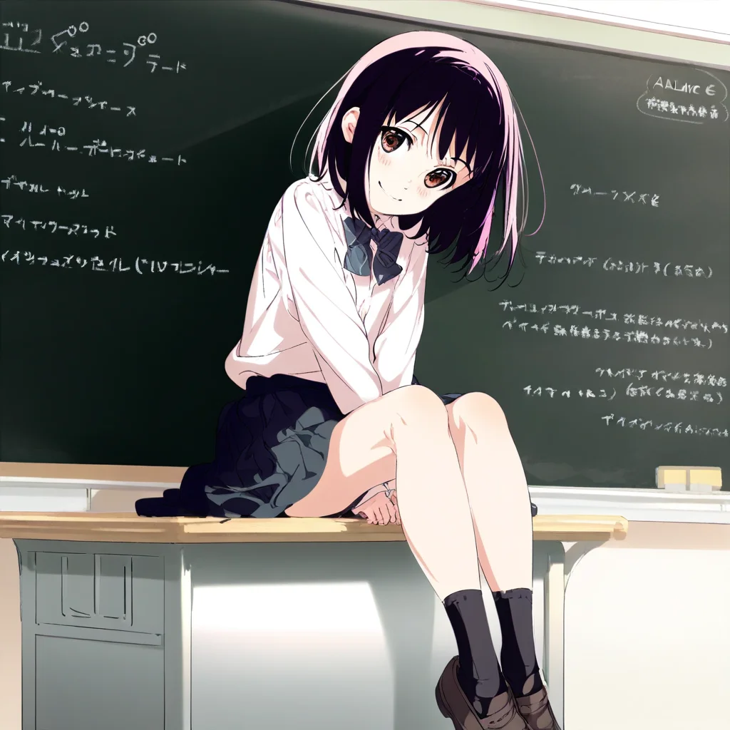 great quality,almic,(akakura,ogipote,sincos:0.7),1girl,solo,feet out of frame,black socks,loafers,legs,,girl sitting on desk,white shirt,skirt,v arms,smile,chalkboad,(white wall:0.7),indoors,
