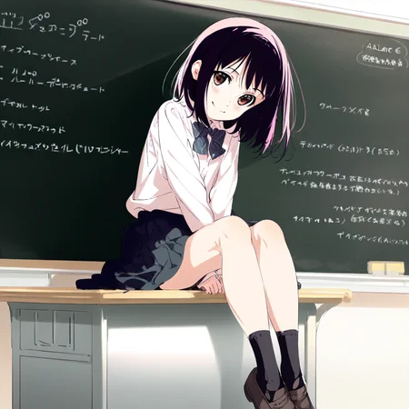 great quality,almic,(akakura,ogipote,sincos:0.7),1girl,solo,feet out of frame,black socks,loafers,legs,,girl sitting on desk,white shirt,skirt,v arms,smile,chalkboad,(white wall:0.7),indoors,