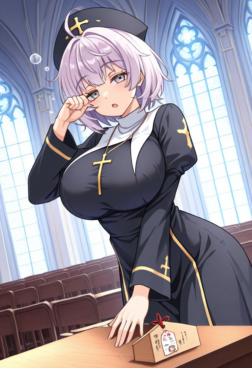 general,highres, ultra-detailed,very aesthetic,best quality ,best hands,best eyes,easynegative,
dynamic anglre, dutch angle, anime cloring,
1girl solo,looking at viewer,church,sleepy,open mouth,
Ema,light violet hair,short hair,grey eyes,huge breasts,ahoge,priest costume,hat,