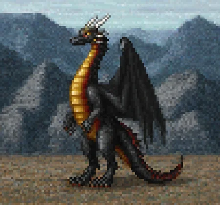 retro game art Original HoMM2 style full-height Black Dragon creature on a warlock faction background, warlock creature, warlock faction creature, warlock background, warlock faction background, towering cliffs, jagged peaks, rugged terrain, mountainous region, full-height, full-height character, side view, black dragon, red dragon upgrade, upgraded red dragon, stands on two legs, black scales, large wings, golden scales underbelly, golden neck frill, golden crest, golden tail, white horns, red eyes, level 6++ creature, tier 6++ creature, large size type, melee attack type, flying movement type, creature upgrade, upgraded creature, original HoMM2 style, HoMM2, HoMM2 style, Heroes of Might and Magic 2, by Tracy Iwata . 16-bit, vibrant colors, pixelated, nostalgic, charming, fun, Original HoMM2 style full-height Black Dragon creature on a warlock faction background, warlock creature, warlock faction creature, warlock background, warlock faction background, towering cliffs, jagged peaks, rugged terrain, mountainous region, full-height, full-height character, side view, black dragon, red dragon upgrade, upgraded red dragon, stands on two legs, black scales, large wings, golden scales underbelly, golden neck frill, golden crest, golden tail, white horns, red eyes, level 6++ creature, tier 6++ creature, large size type, melee attack type, flying movement type, creature upgrade, upgraded creature, original HoMM2 style, HoMM2, HoMM2 style, Heroes of Might and Magic 2, by Tracy Iwata, extremely detailed, beautiful, epic light quality, stunning, intricate, elegant, cinematic, highly consistent, illuminated colors, inspired, deep complex, amazing composition, creative, positive, imaginative, vibrant, fantastic, pretty, cute, cool, confident, passionate, unique, iconic, fine detail, strong, artistic, best