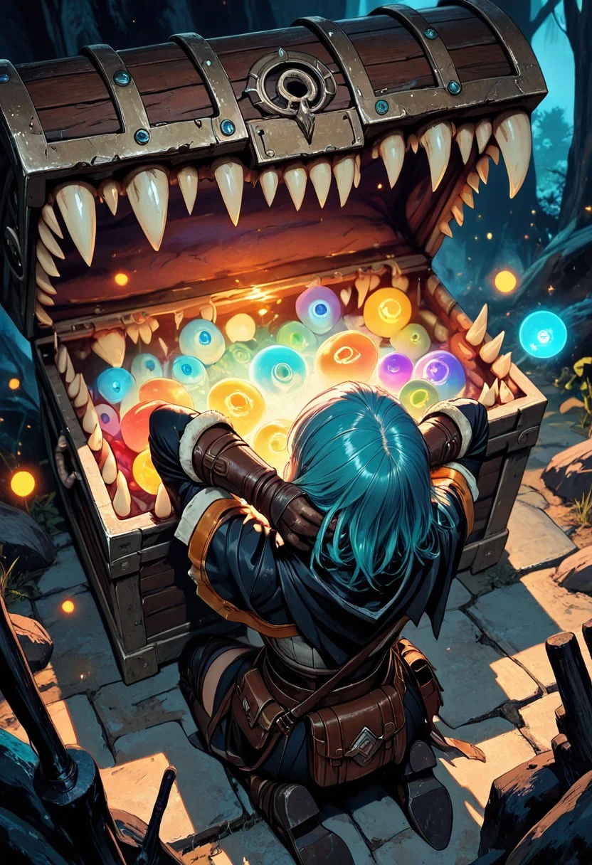 (masterpiece), (best quality), 8k, 1girl, fantasy adventurer girl, Surprised, open mouth, cute treasure chest, cute Mimic, hands behind head, Cute Mimic chest, Kneeling down, opening chest, whimsical dungeon interior, glowing magical torches, scattered loot around, soft warm lighting, stylized fantasy armor, leather satchel, short cloak, colorful atmosphere, playful fantasy mood, cinematic lighting, semi-realistic style, detailed environment, magical sparkles in the air,
Close up, From behind, from above,