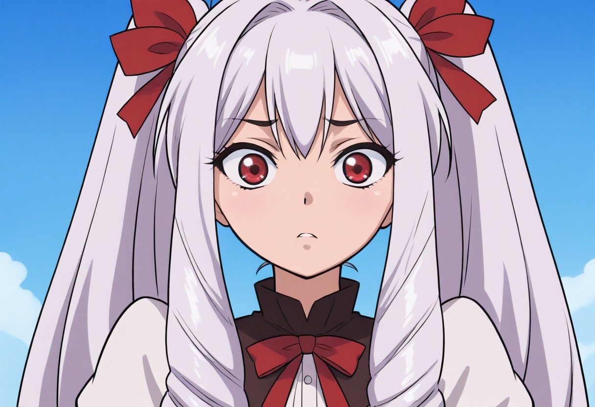 masterpiece,best quality,amazing quality, WRikka, long hair, ribbon, hair ribbon, red eyes, anime coloring, twintails, white hair, drill hair, red laces, , anime coloring