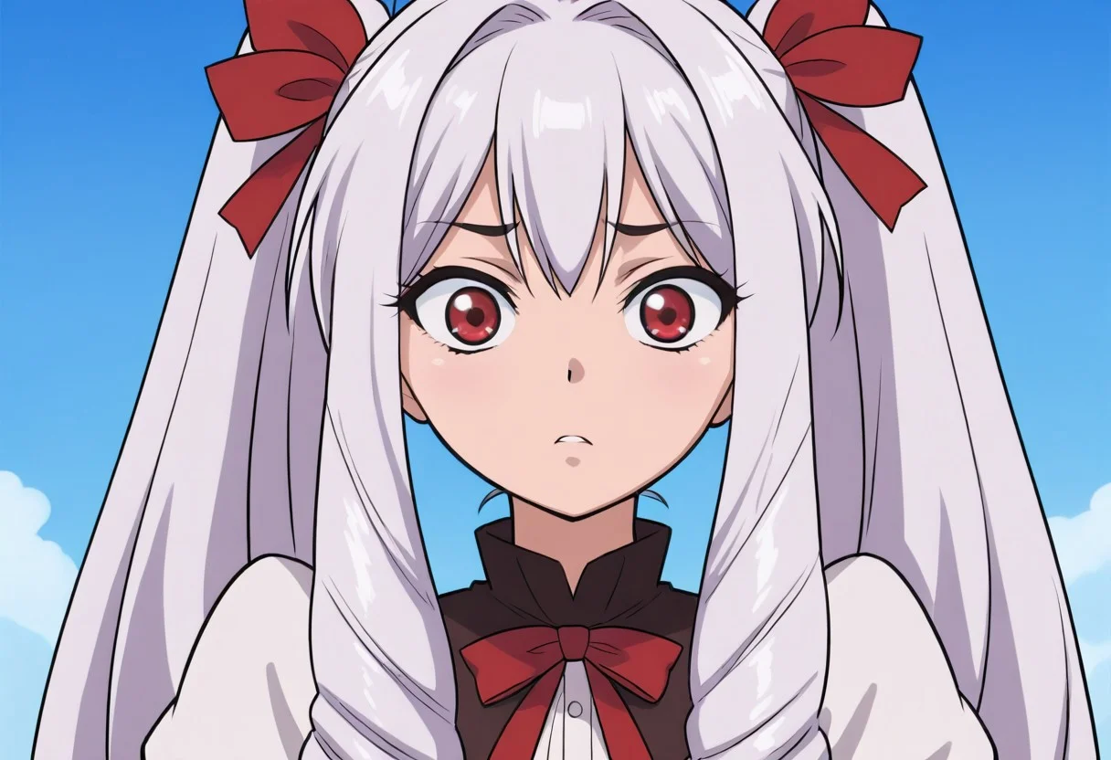 masterpiece,best quality,amazing quality, WRikka, long hair, ribbon, hair ribbon, red eyes, anime coloring, twintails, white hair, drill hair, red laces, , anime coloring