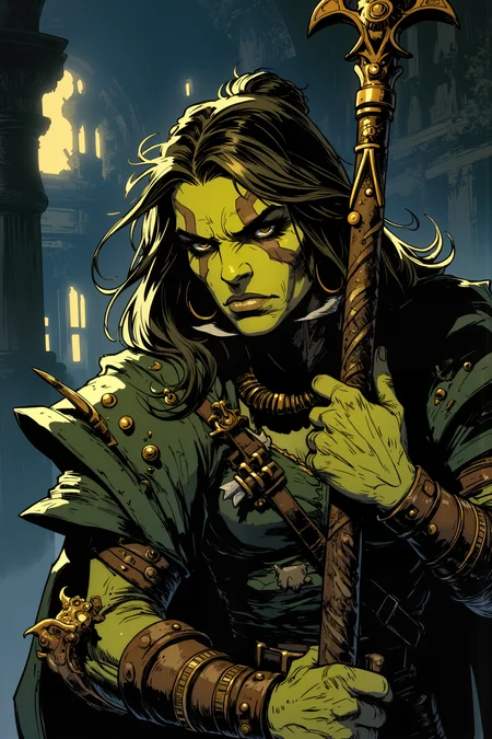 a tribal green skinned orc woman is resting on her long ornate staff. , detailed background Fantastic lighting. Detailed shadows.intricate details, vivid colors, hyper-detailed, ultra-sharp, <lora:Ev_Ganin:0.4><lora:Vintage comic book:0.4><lora:RetroAnimeFluxV1:0.15><lora:Greg_Capullo_style:0.4><lora:jeanClaude_Mzires_Style_FLUX-000001:0.4><lora:Flux_Ink_Anime:0.4>