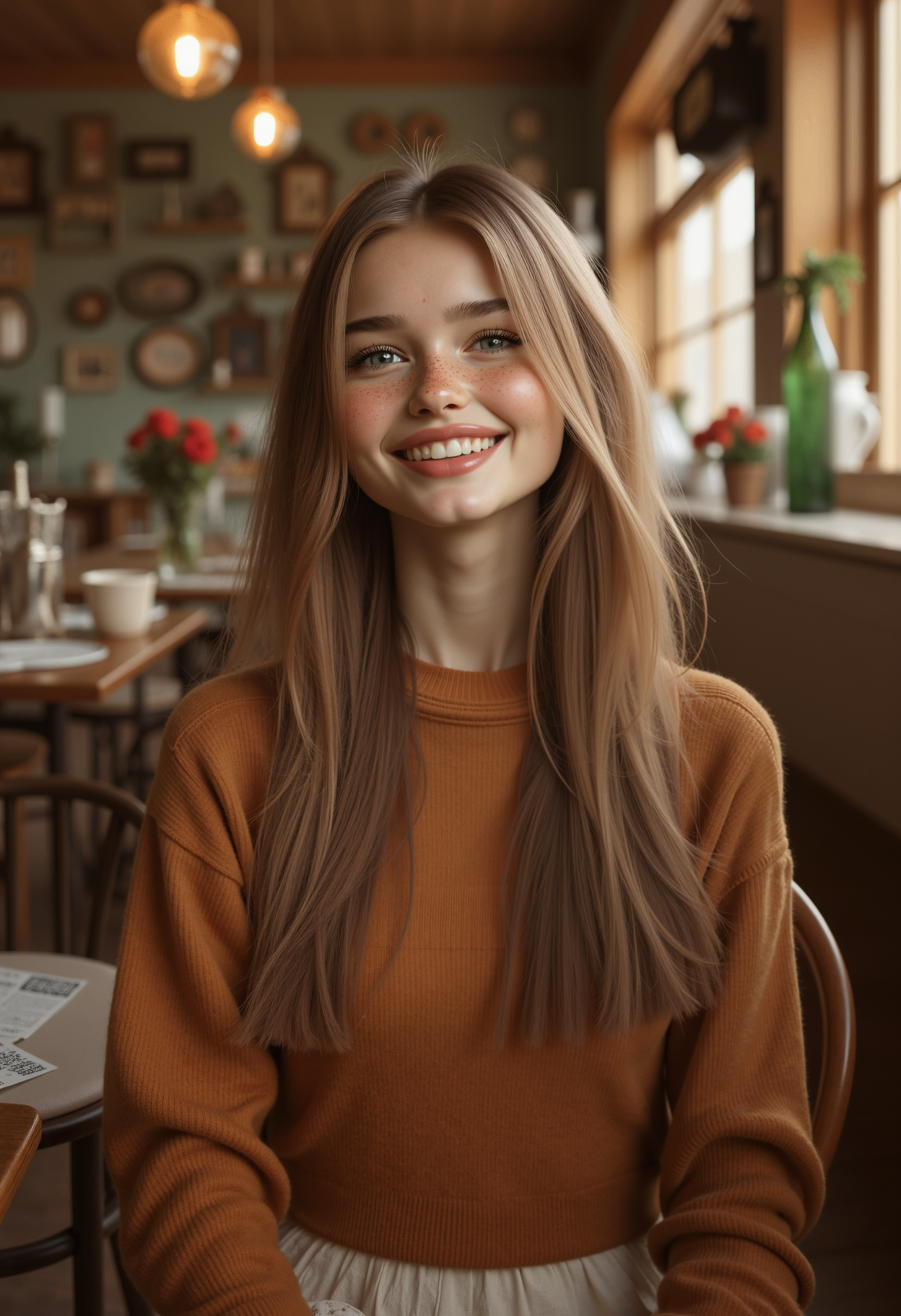 In a softly lit, cozy cafÃ© filled with vintage decor, a young Scandinavian model sits with a playful smile, her hair flowing casually around her shoulders. Hansonâs romantic and intimate style infuses the scene with a sense of connection, highlighting the modelâs genuine personality amid the charming surroundings filled with sunlight.<lora:MyLoras\Scandinavian Girls Oct4th\ScandiGirl_Style-000015.safetensors:1.0:1.0>