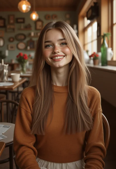 In a softly lit, cozy cafÃ© filled with vintage decor, a young Scandinavian model sits with a playful smile, her hair flowing casually around her shoulders. Hansonâs romantic and intimate style infuses the scene with a sense of connection, highlighting the modelâs genuine personality amid the charming surroundings filled with sunlight.<lora:MyLoras\Scandinavian Girls Oct4th\ScandiGirl_Style-000015.safetensors:1.0:1.0>