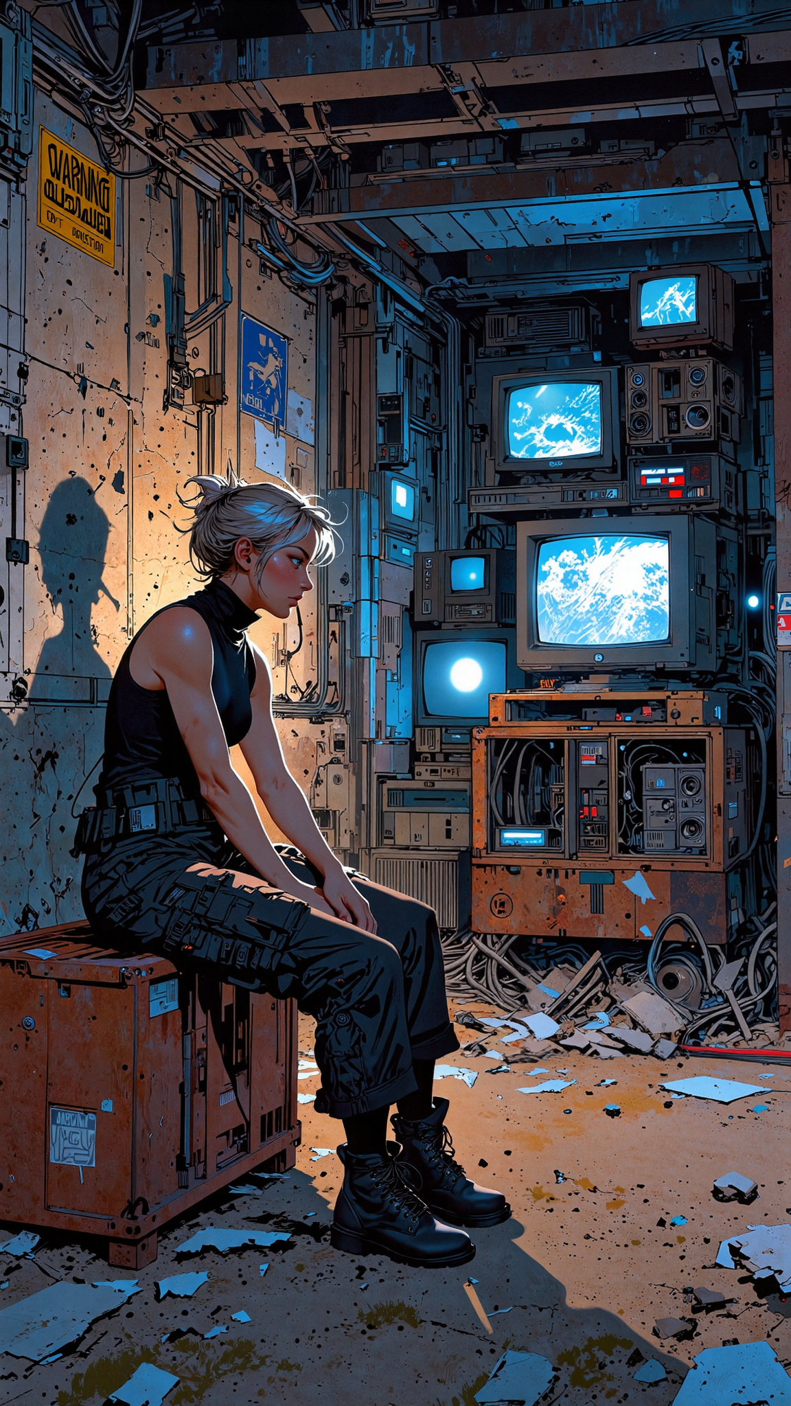 High-resolution semi-realistic illustration, bold graphic composition, deep blue-gray tones with warm artificial lighting. A young woman sits alone on a rusted metal crate inside an abandoned underground bunker, her silhouette illuminated by the flickering glow of old CRT monitors stacked haphazardly against the cracked concrete walls. Her short, silver-blonde hair is styled into a messy high ponytail, a few loose strands framing her sharp, thoughtful gaze. She wears a fitted, sleeveless turtleneck tucked into tactical-style cargo pants, heavy boots resting on the dusty floor. One hand rests on her knee. The air is thick with the scent of aged electronics and damp metal, cables snaking across the floor, old warning signs peeling from the walls. Painterly textures blend with cinematic lighting, creating an intense, mysterious, and dystopian atmosphere.   <lora:FluxMythV2:1.0> <lora:Anime_v1.3:1.2> <lora:car1ar1_cap_d6a3:1.0>