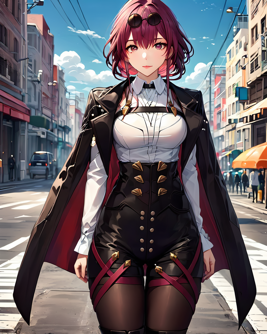 detailed anime style,a beautiful girl standing in street,full body,thigh strap,jacket, white shirt,kafka,<lora:kafka:1>,