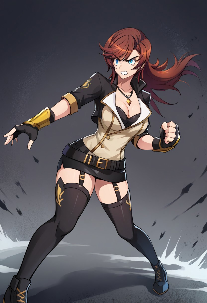 score_9, score_8_up, score_7_up, source_anime, good anatomy, 1girl, solo, MiinaWeltkatze, auburn hair, long hair, swept bang, blue eyes, black cropped jacket, black bra, pruple gem necklace, cleavage, tan shirt, double-breasted, double-breasted shirt, belts, gold trim, black miniskirt, pencil skirt, garterbelt, black thighhighs, black shoes, purple waist ribbon, black gloves, fingerless gloves, gold gauntlets, fighting stance, fighting, gritter teeth