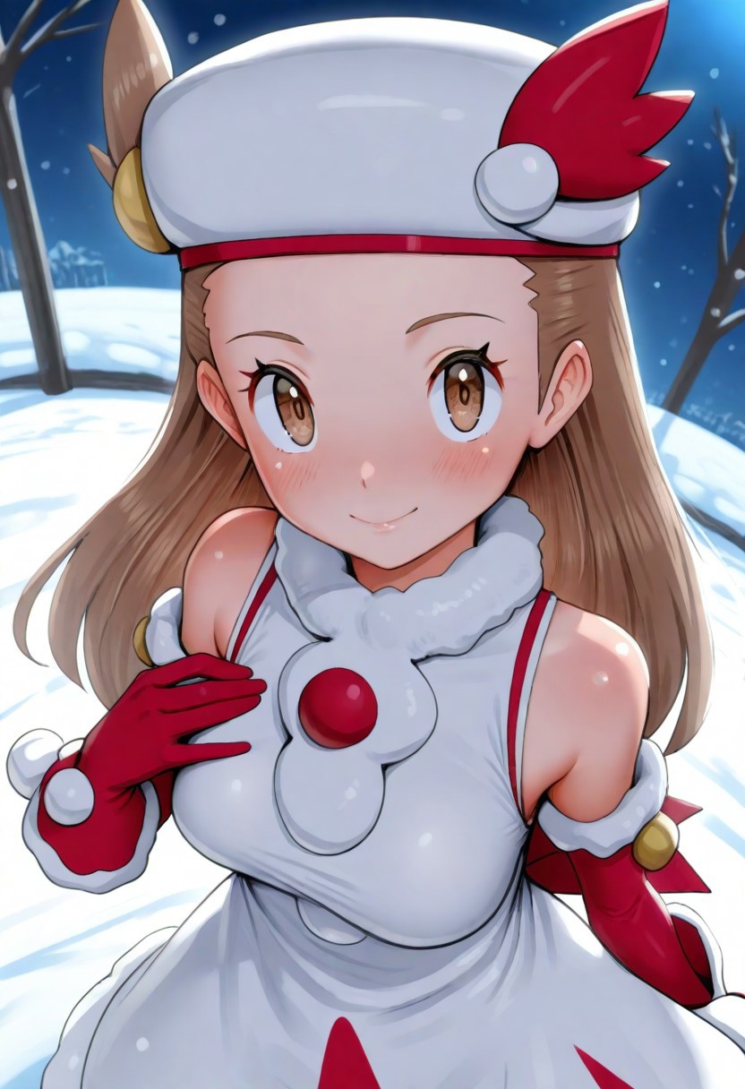 2d, masterpiece, best quality, amazing quality, 1girl, solo, close-up, standing, smile, upper body, from above, dutch angle, looking at viewer, night, moonlight, sky, snow, winter, medium breasts, def colors, [[jasmine \(pokemon\)]], brown eyes, eyelashes, long hair, light brown hair, white headwear, white dress, red buttons, bare shoulders, red gloves, thigh boots, footwear bow, white footwear