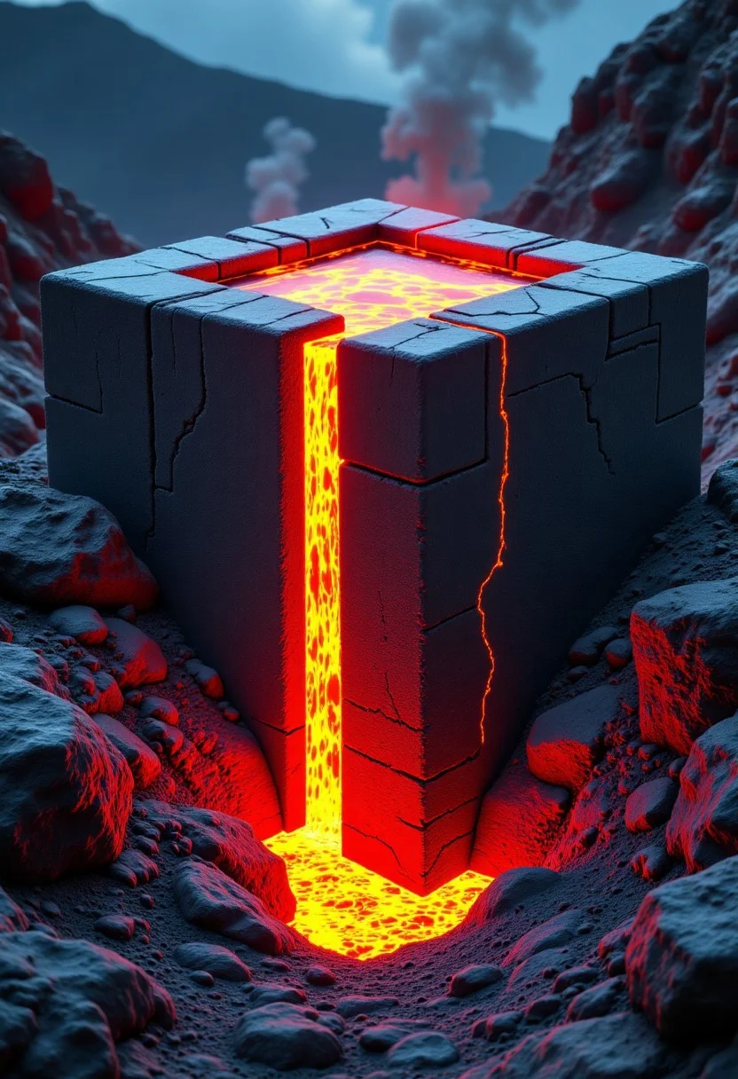 M1CR0CUB3D, A cubed world of cracked obsidian, lava flows and automated lava pumps. Underground: robotic forges and conveyor belts forging glowing alloys.