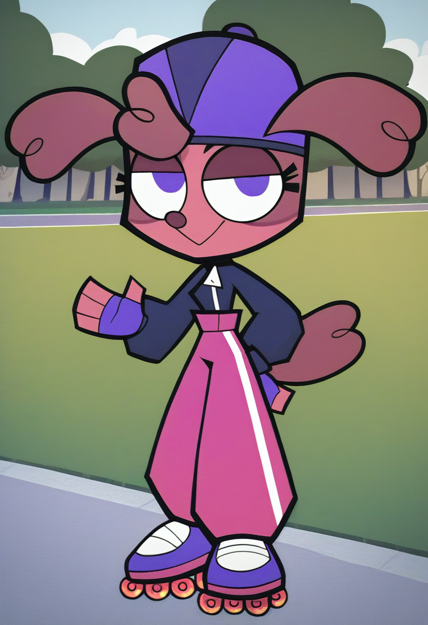 <lora:Zoe_AJMarekArt_test2-03:1> score_9, score_8_up, score_7_up, score_6_up, score_5_up, score_4_up, zoe_ajmarekart, 1girl, solo, dog girl, purple eyes, standing, outdoors, park, roller skaters, pink pants, headwear, looking at viewer, smile, waving arm, :<