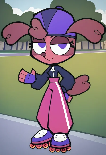 <lora:Zoe_AJMarekArt_test2-03:1> score_9, score_8_up, score_7_up, score_6_up, score_5_up, score_4_up, zoe_ajmarekart, 1girl, solo, dog girl, purple eyes, standing, outdoors, park, roller skaters, pink pants, headwear, looking at viewer, smile, waving arm, :<