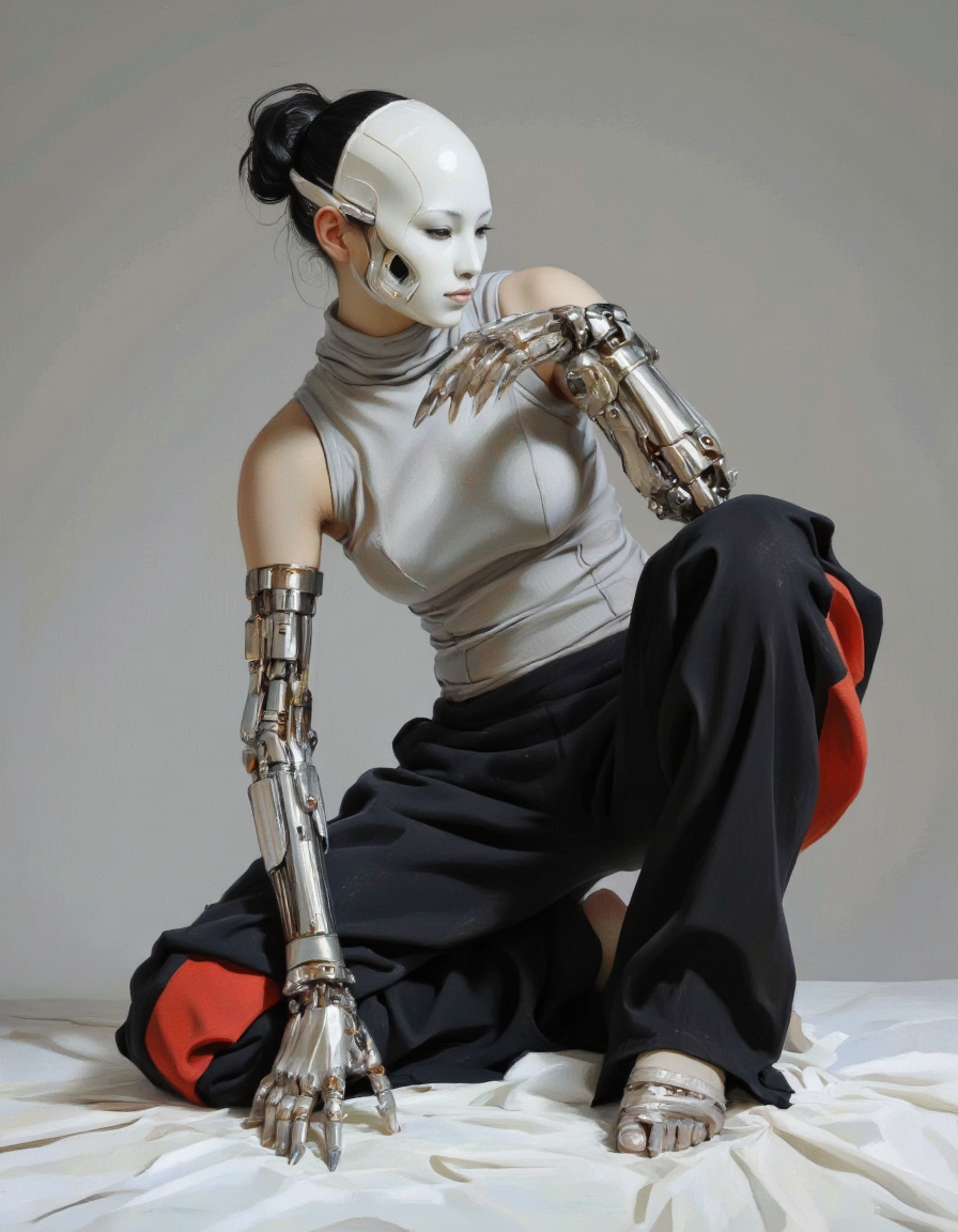 This is a high-quality digital painting of a futuristic, cybernetic character in a dynamic, low-angle pose. The character, a blend of human and machine, is depicted with a sleek, white, featureless mask covering their face, and a black bun hairstyle. They wear a light grey, form-fitting top and voluminous, flowing black pants with red accents. The character's left arm is replaced with a metallic, articulated prosthetic, adorned with sharp, claw-like appendages, while the right arm appears organic. The background is a gradient of soft greys, creating a minimalist, futuristic setting. The composition uses leading lines from the character's pose and prosthetic arm, guiding the viewer's eye. The lighting is soft and even, highlighting the metallic textures and the smoothness of the character's skin. The artist's style is highly detailed and realistic, with a focus on blending organic and mechanical elements seamlessly. The depth of field is shallow, keeping the character in sharp focus while the background remains slightly blurred. The aesthetic quality of the image is very high, showcasing expert use of digital painting techniques. <lora:The_Vanguard:1.15>