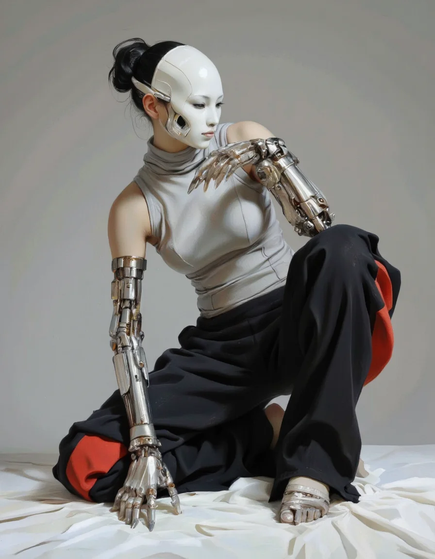 This is a high-quality digital painting of a futuristic, cybernetic character in a dynamic, low-angle pose. The character, a blend of human and machine, is depicted with a sleek, white, featureless mask covering their face, and a black bun hairstyle. They wear a light grey, form-fitting top and voluminous, flowing black pants with red accents. The character's left arm is replaced with a metallic, articulated prosthetic, adorned with sharp, claw-like appendages, while the right arm appears organic. The background is a gradient of soft greys, creating a minimalist, futuristic setting. The composition uses leading lines from the character's pose and prosthetic arm, guiding the viewer's eye. The lighting is soft and even, highlighting the metallic textures and the smoothness of the character's skin. The artist's style is highly detailed and realistic, with a focus on blending organic and mechanical elements seamlessly. The depth of field is shallow, keeping the character in sharp focus while the background remains slightly blurred. The aesthetic quality of the image is very high, showcasing expert use of digital painting techniques. <lora:The_Vanguard:1.15>