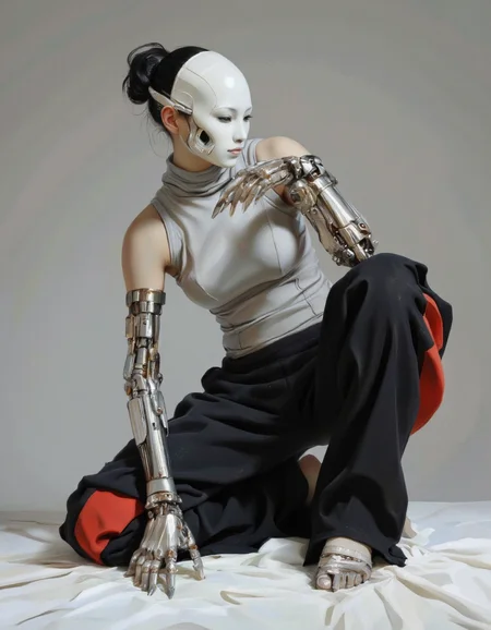 This is a high-quality digital painting of a futuristic, cybernetic character in a dynamic, low-angle pose. The character, a blend of human and machine, is depicted with a sleek, white, featureless mask covering their face, and a black bun hairstyle. They wear a light grey, form-fitting top and voluminous, flowing black pants with red accents. The character's left arm is replaced with a metallic, articulated prosthetic, adorned with sharp, claw-like appendages, while the right arm appears organic. The background is a gradient of soft greys, creating a minimalist, futuristic setting. The composition uses leading lines from the character's pose and prosthetic arm, guiding the viewer's eye. The lighting is soft and even, highlighting the metallic textures and the smoothness of the character's skin. The artist's style is highly detailed and realistic, with a focus on blending organic and mechanical elements seamlessly. The depth of field is shallow, keeping the character in sharp focus while the background remains slightly blurred. The aesthetic quality of the image is very high, showcasing expert use of digital painting techniques. <lora:The_Vanguard:1.15>