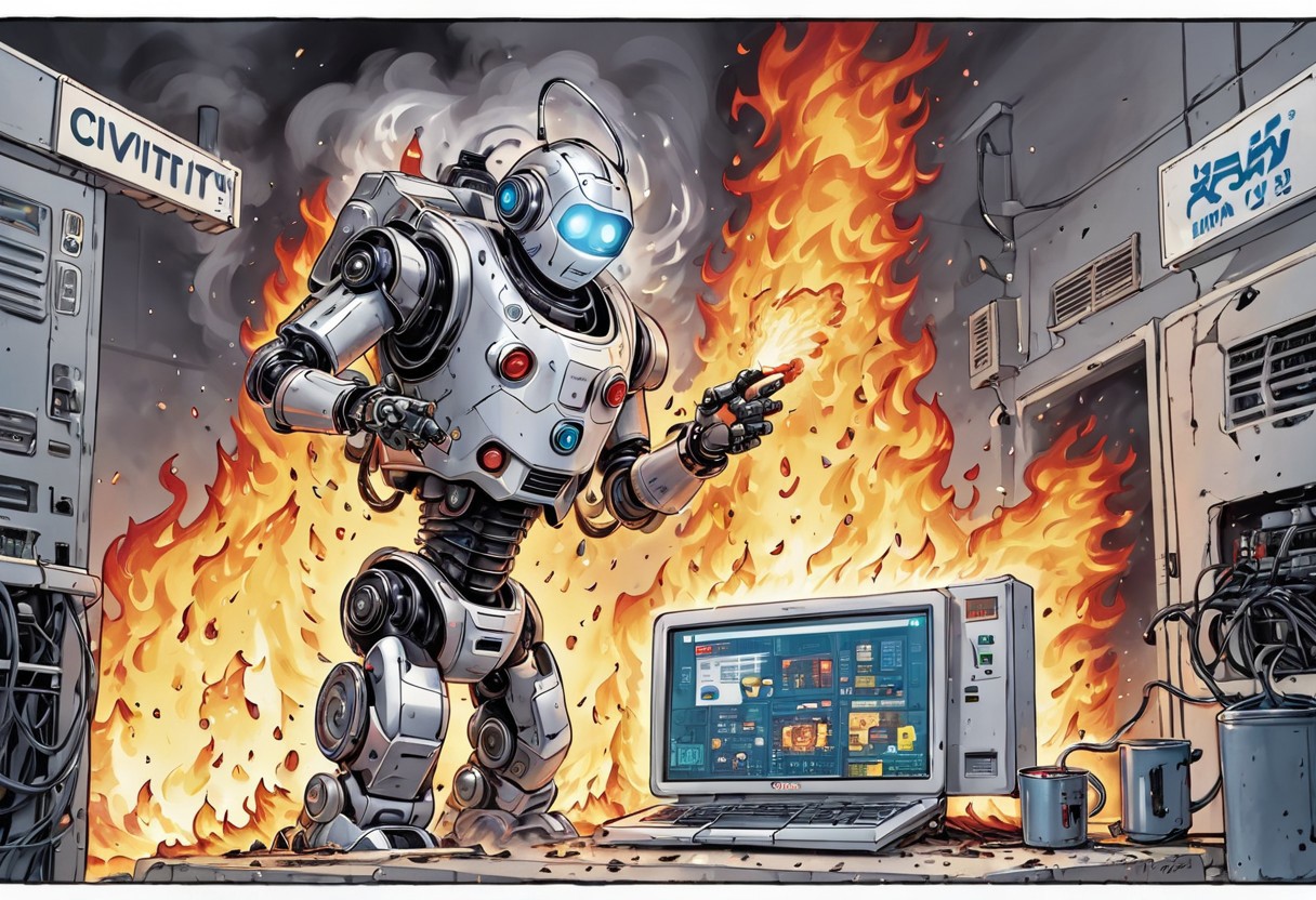 generation of ultra high quality photo with high resolution and sharp focus on theme ((burning computer servers)) of AI and the little robot civitay put out with a fire extinguisher and a caption above the robot's head help i'm fried comic book style