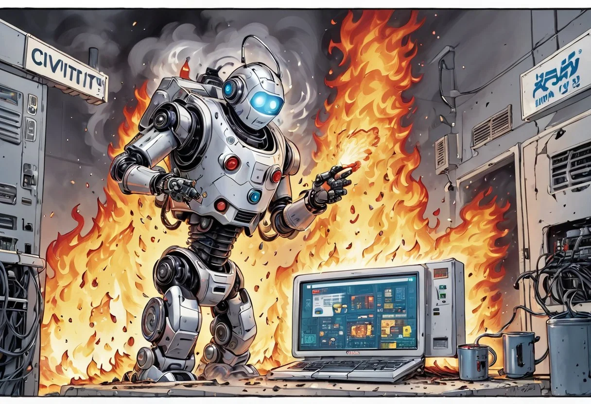generation of ultra high quality photo with high resolution and sharp focus on theme ((burning computer servers)) of AI and the little robot civitay put out with a fire extinguisher and a caption above the robot's head help i'm fried comic book style