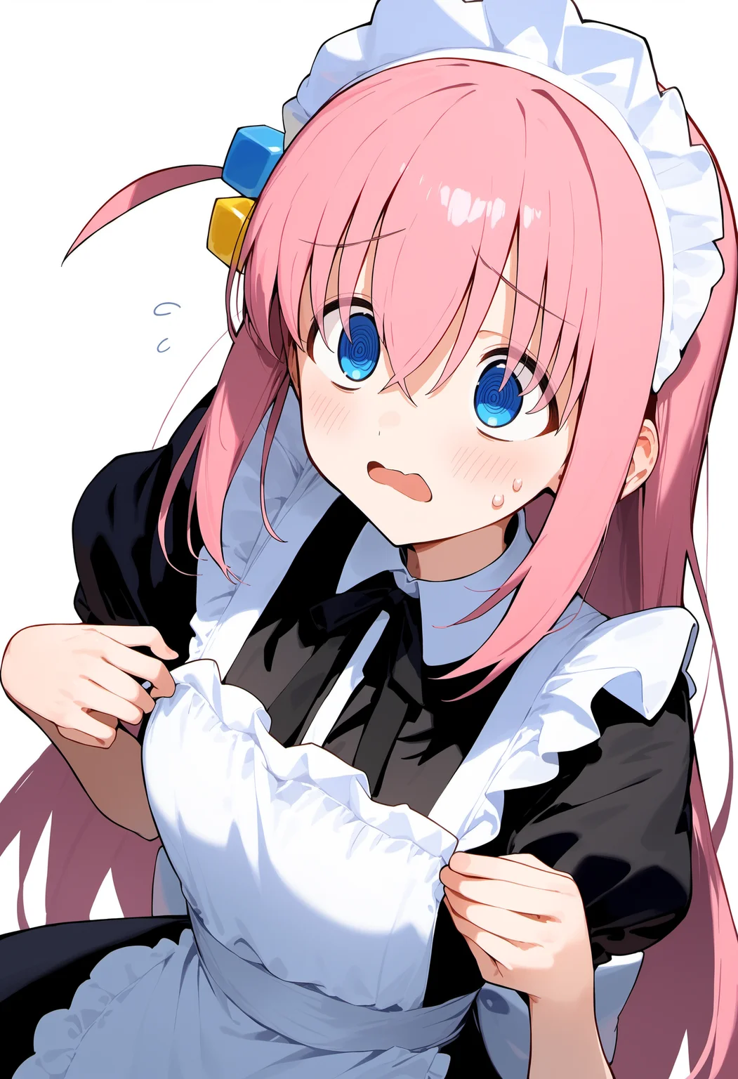 1girl, gotoh hitori, @_@, bocchi the rock!, black dress, blue eyes, cflustered, cube hair ornament, maid apron, hands up, maid headdress, panicking, sweatdrop, pink hair, solo, upper body, dynamic angle, white background, score_9, score_8_up, score_7_up