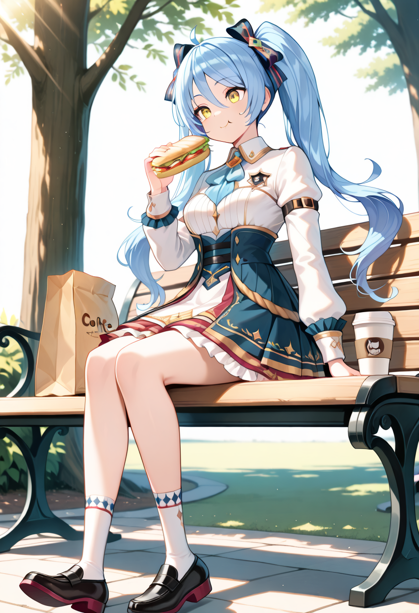 masterpiece, best quality,
KRSoniaSC, 1girl, solo, yellow eyes, blue hair, twintails, hair bow, black footwear, long hair, long sleeves,dress,white socks, arm belt, white shirt, layered skirt, blue ascot, high-waist skirt, frilled skirt, rope belt, white cuff,red shoe soles,happy,smile, (schoolgirl eating sandwich:1.3), (sitting on bench:1.2), (shaded by tree:1.1), (serene expression:1.1), (paper bag beside her:1.1), (takeout coffee cup:1.1), (sunlight filtering through leaves:1.0), (quiet schoolyard:1.0), (open sandwich wrapper:1.0), (legs dangling:0.9), (wooden bench:1.0), (spring afternoon:1.0),