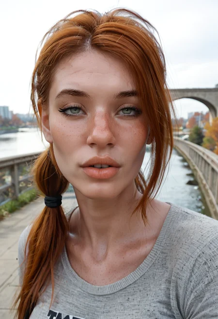 <lora:SagePXL:1> sagepxl, freckles, 1girl, solo, ponytail, bridge, torogao, head_tilt