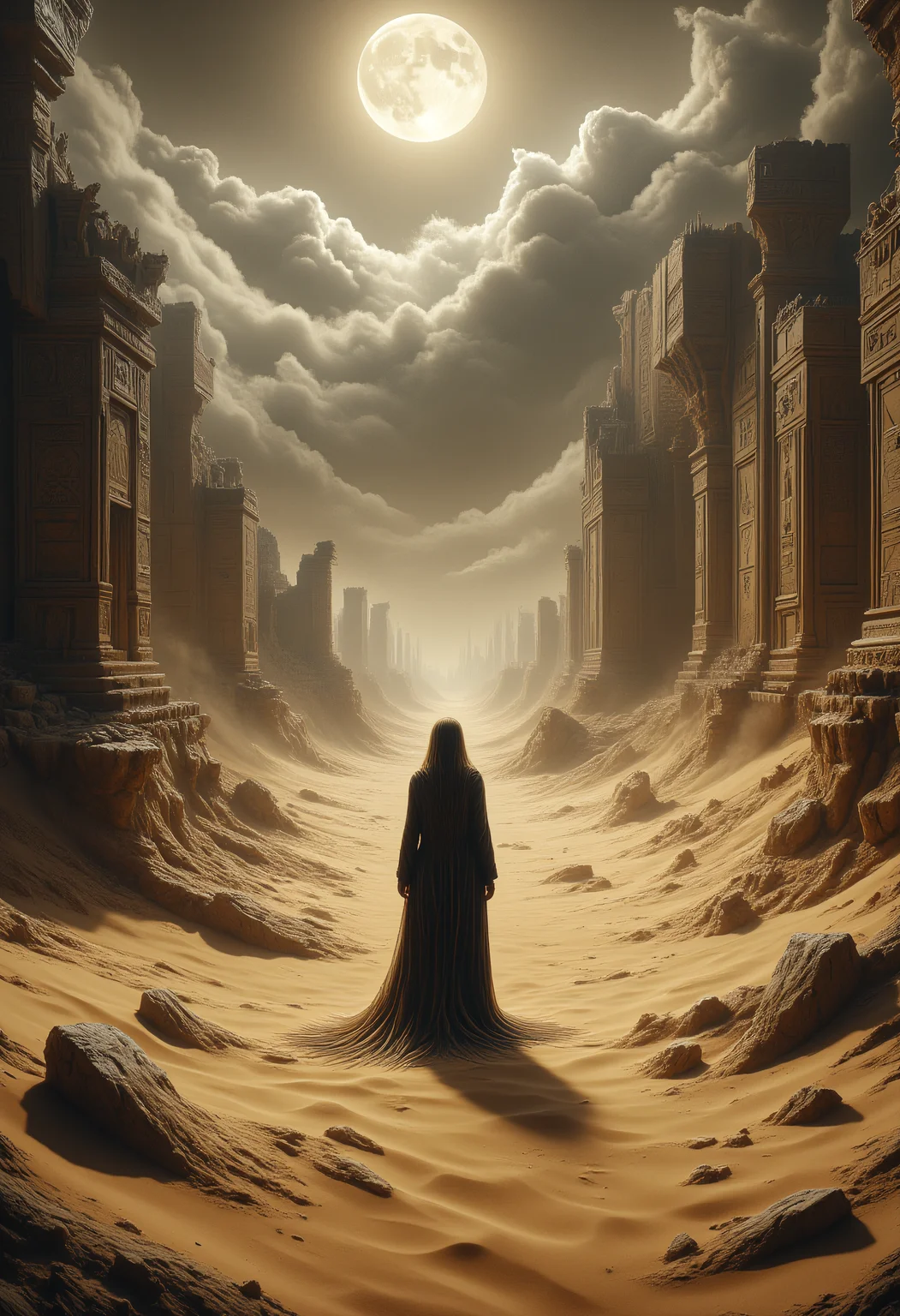 A vast, desolate desert stretches endlessly, where the golden sands shimmer with an almost unnatural glow under a haunting, clouded sky. The landscape is shaped by the relentless winds, which whip up shifting dunes that form and collapse in a mesmerizing yet unsettling rhythm. The sand feels alive, as though it holds secrets buried deep within, pulsating with subtle patterns that seem to trace forgotten paths. A spectral fog clings to the sand, swirling in an eerie dance, while ethereal, vaporous tendrils of mist rise from the ground, curling and dissipating in mid-air. The atmosphere is thick with a supernatural presence, the silence broken only by the soft, mournful sound of wind shifting over the vast expanse.
In the center of this arid wasteland stands an ancient ruin, half-buried in sand. Weathered, cracked stone columns jut from the earth like skeletal remains of a forgotten civilization, their surfaces etched with strange symbols and runes that faintly glow, casting ghostly light through the fog. The remnants of once-grand structures are twisted and crumbled, lost to time and the harsh elements, yet they seem to carry an unspoken weight, a dark memory of some long-forgotten ritual or battle. Where the sand has worn away, jagged, metallic fragments, half-rusted and glinting in the dim light, are exposed—suggesting that this was once a place of both ancient magic and advanced technology.
At the heart of this eerie, sunless wasteland, a lone figure draped in dark, tattered robes stands still, watching the horizon with vacant, ghostly eyes. The figure’s form is ethereal, almost translucent, blending with the sand yet standing distinct amidst the decay. There is something haunting about her presence; the hollow expression on her face tells of countless ages spent wandering this forsaken world, a prisoner to its secrets. Her long, flowing hair, now tangled and entwined with sand and wind, seems almost to move with a life of its own, caught between the physical world and some intangible realm beyond. Her robes, tattered and torn, are interwoven with strange, glowing threads, like the last remnants of a forgotten power. As the fog swirls around her, the sands seem to shift, and the very ground beneath her feet groans with a low, mournful sound, as if the desert itself is alive.
Above, the sky is a dull, sickly color, its vast emptiness stretching without end. The air is thick, oppressive, with no sign of a rising sun, only the faintest glow from an unseen moon casting distorted shadows across the sand. The atmosphere is laden with the scent of decay and dust, every inch of the landscape feeling untouched, frozen in time by an unseen force. Strange, dark shapes move faintly in the distance, barely visible through the swirling fog—silent and haunting, their movements just outside the realm of the known, as if watching, waiting for something.
The desert is alive with an uncanny, unsettling energy. The ground pulses faintly, the rhythm of the sands and mist creating a strange, hypnotic melody. The eeriness of the atmosphere heightens as time feels stretched and fragmented, like an endless loop that spirals into the void. This is a place forgotten by all but the wind, where time and memory are fractured and lost, and where the boundary between life and death, reality and the supernatural, is thin and fragile.
Captured in a hyper-realistic style, the scene exudes the cold, haunting beauty of an untouched, forgotten world, with intricate textures of sand, stone, and mist. Every detail—from the glowing symbols on the ruined columns to the eerie, distorted shadows cast by the figure—is designed to evoke a deep sense of mystery and unease. The scene’s mood is amplified by the use of the Sand and Eerie atmosphere Loras, with every element infused with a chilling, otherworldly presence that feels both dreamlike and unnervingly real.
ral-sand, ral-ertmsphr, aidmaMJ6.1
