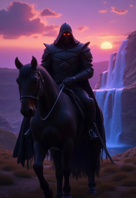 "DisneyStudioLoRa",<lora:Disney-Studios-Flux-000008:0.6>,Black knight, a medieval knight, black cloak with deadly red eyes, riding a shiny black horse, setting sun setting, magical purple and blue waterfalls, low grass field, desert clowns, camera focus on the knight