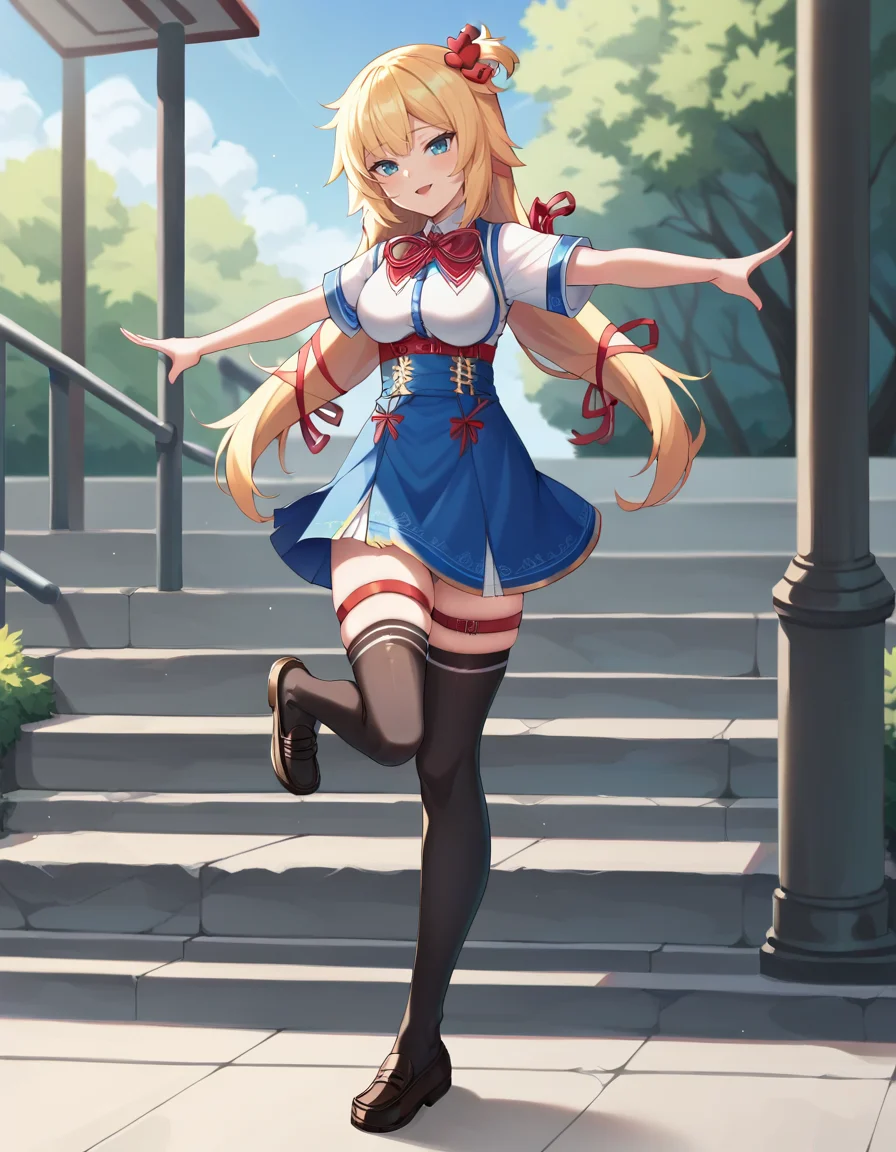 score_9, score_8_up, score_7_up, score_6_up, score_5_up, score_4_up, source_anime, anime screencap, BREAK 1girl, solo, full body, outdoors, standing on one leg,
<lora:Akai_Haato_Pony:1> akai_haato, long hair, blonde hair, white shirt, blue eyes, blue dress, short sleeves, red bow, ribbon, thighhighs, thigh strap, hair ornament, loafers,
