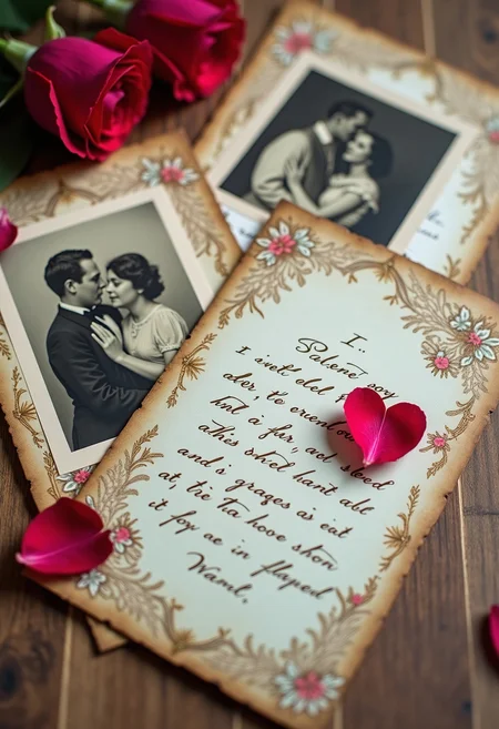 A warm, nostalgic atmosphere permeates the scene, set against a muted, earthy background of worn, cream-colored paper, as if torn from a vintage journal. Delicate, ornate valentines with intricate lace and floral patterns adorn the space, accompanied by love letters penned in elegant, cursive script on textured paper, their edges yellowed with age. Sepia-toned photographs, slightly faded and worn, peek out from behind the letters, capturing tender moments of couples from bygone eras, their faces soft and gentle, their eyes filled with affection. The overall palette is muted, with warm golden hues, soft pinks, and delicate blues, evoking a sense of romance and nostalgia. In the foreground, a few loose, crimson rose petals are scattered, adding a touch of subtle drama to the whimsical, dreamy setting., the background is a wooden oak table