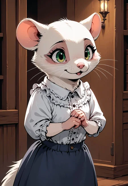 score_9, score_8_up, score_7_up, score_6_up, score_5_up, score_4_up, m0use_maximilla, in the style of Beatrix Potter, female, (((ferret))), feral, (cute:1.2), (white fur:2),
[][][][][]
frilly shirt, pants, 