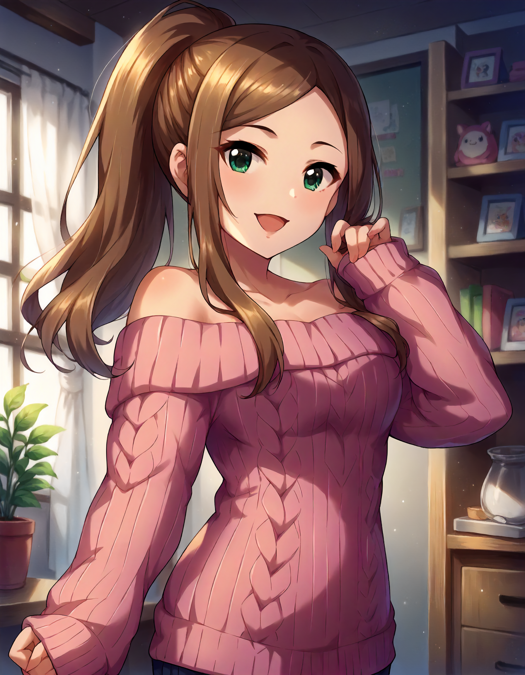 score_9,score_8_up,score_7_up,1girl,solo,cowboy shot,looking at viewer,smile,open mouth,indoors,
<lora:matsuyamakumiko_ponyXLV6:0.8>,cgmkm,brown hair,ponytail,green eyes,
pink ribbed sweater,off-shoulder