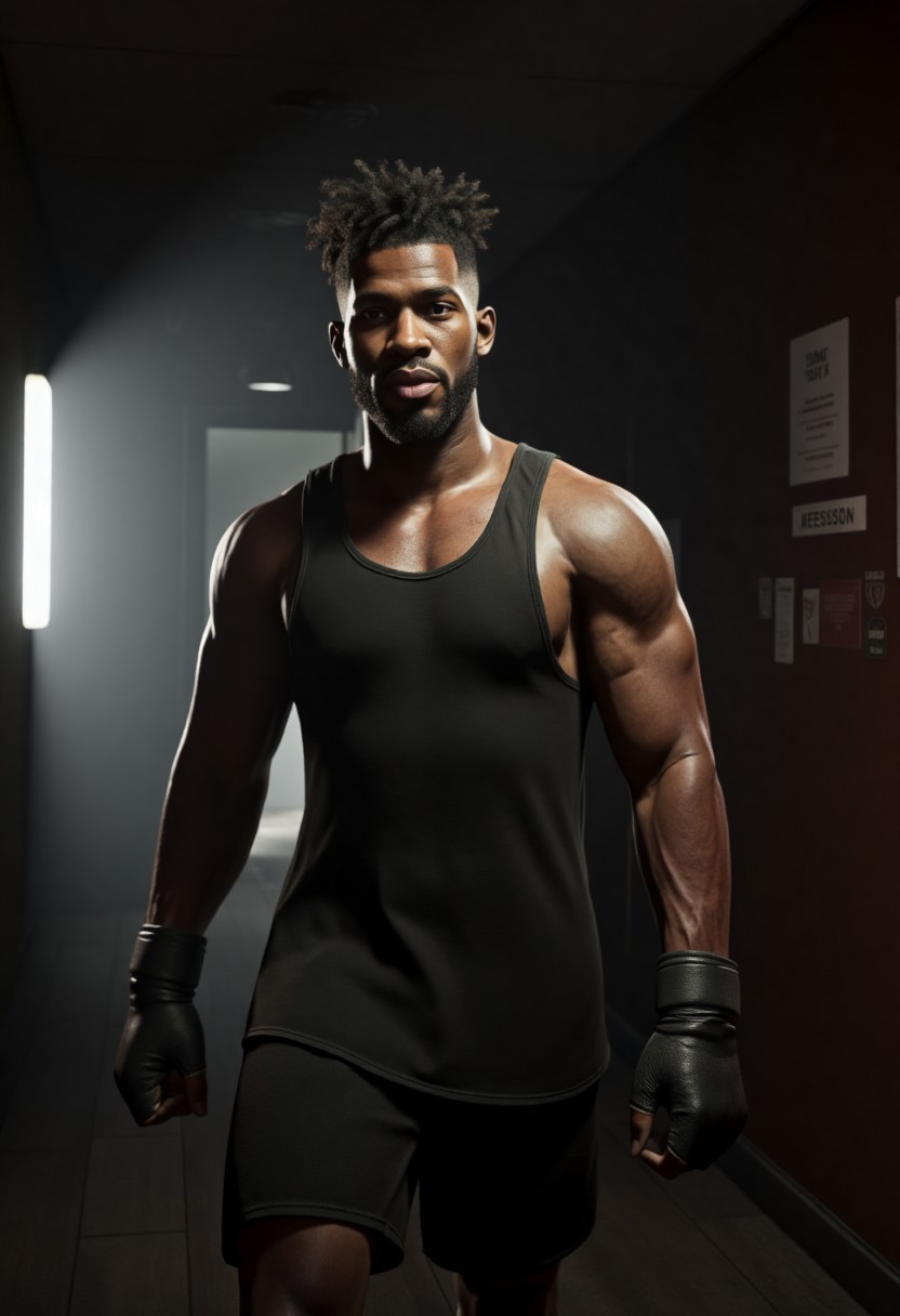 A muscular black boxer, skin glistening with sweat, wearing a sleek black tank top and matching black trunks, with black gloves wrapped around his hands, is walking purposefully along a dimly lit corridor, the bright lights of the boxing match stage beckoning in the distance, his determined facial expression focused on the upcoming battle, his eyes fixed intently ahead, his nose slightly flared, and his lips pursed in concentration, his Afro-textured hair trimmed short and neatly groomed, his entire demeanor exuding confidence and intensity, as he makes his way to the stage, the sound of the roaring crowd growing louder with each step, the scene captured in a long shot, conveying a sense of anticipation and drama. aidmaGTA6