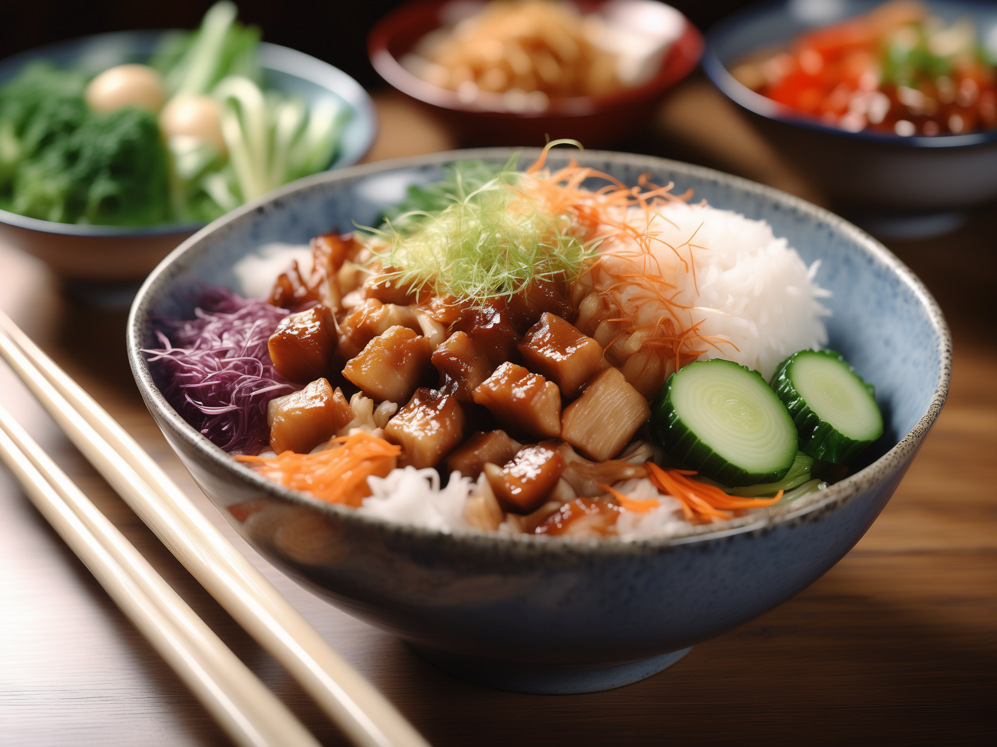 raw photo,A high-resolution, hyper-realistic image of a bowl of delicious Robabon, a popular dish in Asian cuisine. The Robabon is cooked to perfection, with a sticky and thick texture. It's topped with a variety of colorful vegetables and meat, creating a vibrant and appetizing display. The bowl is placed on a rustic wooden table, with a pair of chopsticks resting on the side. The scene is set in a homey kitchen environment, with all elements in sharp focus, creating a clear and detailed image. The lighting should be natural and soft, highlighting the appetizing qualities of the Robabon and the cozy atmosphere of the setting,  <lora:robabon:0.7>,robabon