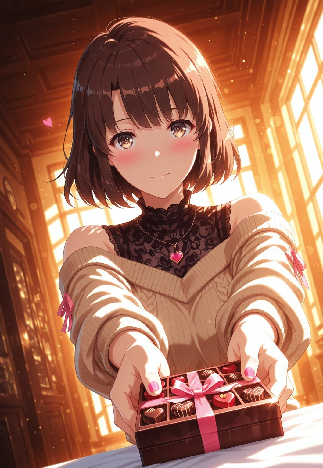 safe_pos, safe_pos, 1girl, solo, Megumi <lora:IL-KatoMegumi:0.8>,brown hair,katou megumi,brown eyes,medium breasts,short hair, 

Valentine’s setting, indoors, homemade chocolates wrapped in a transparent cover and tied with pink ribbon, arms stretched towards viewer, gentle snowfall outside, offering the chocolate gift, off-shoulder sweater, lacy undershirt, blush, soft smile, pink nail polish ,looking at viewer,

dynamic view, dutch angle, dynamic angle, cinematic framing, (digital painting:0.8), auralora, (aura:0.2), mythp0rt, bokeh, (luminescent background:0.8),

elegant, masterpiece, best quality, highly detailed, high contrast, dramatic shadows, raytracing, subsurface scattering,((detailed eyes))