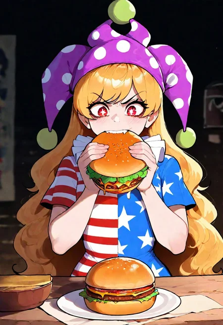 highres, safe, 1girl, solo, clownpiece, jester cap, blonde hair, long hair, american flag dress, red eyes, standing, indoors, eating burger, upper body, table, star shaped pupils, biting, v-shaped eyebrows, holding a big burger, masterpiece, best quality, newest, absurdres, nyantcha art, detailed, solo, full mouth,
