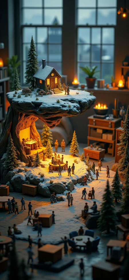 (indoor,very wide isometric view,tilt-shift lens:1.6), (windowless,fna_style,miniature,miniature,diorama,miniature,diorama,PVC,plastic:2),sunset snow,forest,concert with crowded,waiting line   at (floating island,levitating  island:1.5) on (table:2) at (attic:2.5)   <lora:Diorama_Flux:1>
<lora:Fantasy_Novel_Art_Style:1>