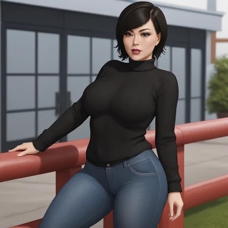 <lora:yuriwatanabespidermanps4_pony_v1:.8> YuriWatanabePS4, 1girl, large breasts, , black hair, short hair, lips, cowboy shot,sweater, jeans, lipstick,eyeshadow, cowboy shot