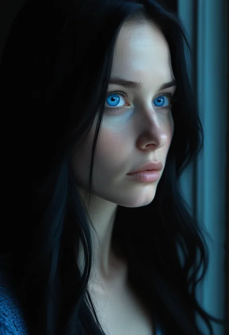 2d, A haunting profile of a woman with long, jet-black hair, her pale face framed by darkness, her deep-set blue eyes cold and haunting, her expression unreadable, as if sheâs hiding a deep secret., highly detailed, Bold, Indirect light, Azure, sad atmosphere <lora:usual-portrait-v2:1>