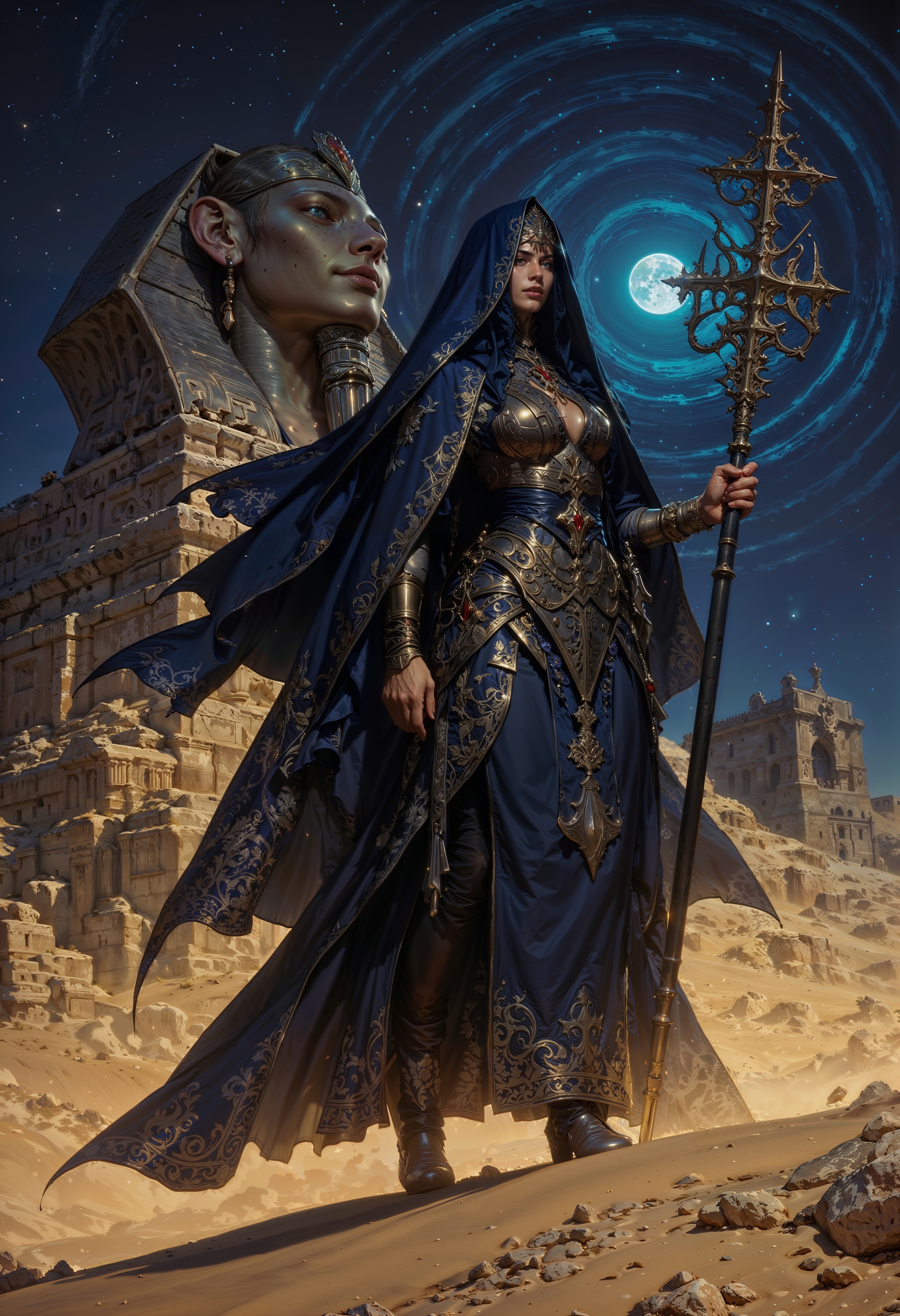 A mysterious desert witch draped in flowing robes of deep midnight, the intricate golden embroidery catching the moonlight as she moves through the endless dunes. Her veil billows like a whispering shadow, concealing all but her piercing, star-like eyes. She carries an ancient staff entwined with black serpents that seem to shift and writhe with a life of their own. Around her, a whirlwind of glittering sand spirals in arcane patterns, whispering forgotten secrets of the desert. Behind her, a colossal obsidian sphinx with glowing runes etched into its surface watches in eternal vigilance, the night sky a canvas of swirling constellations above.